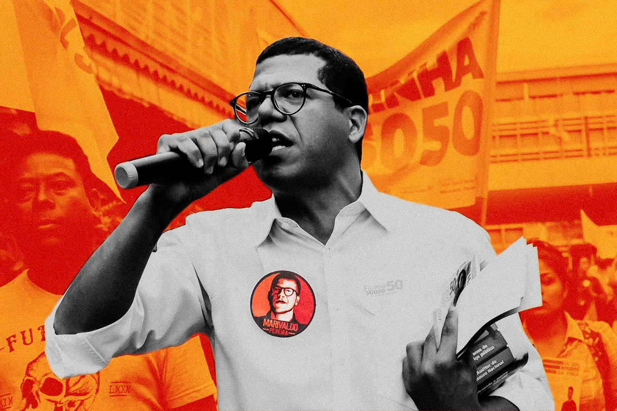 Foto estilizada do candidato ao senado em 2018, com fundo laranja e candidato em preto e branco. Ele está falando no microfone, em público, e segurando panfletos.